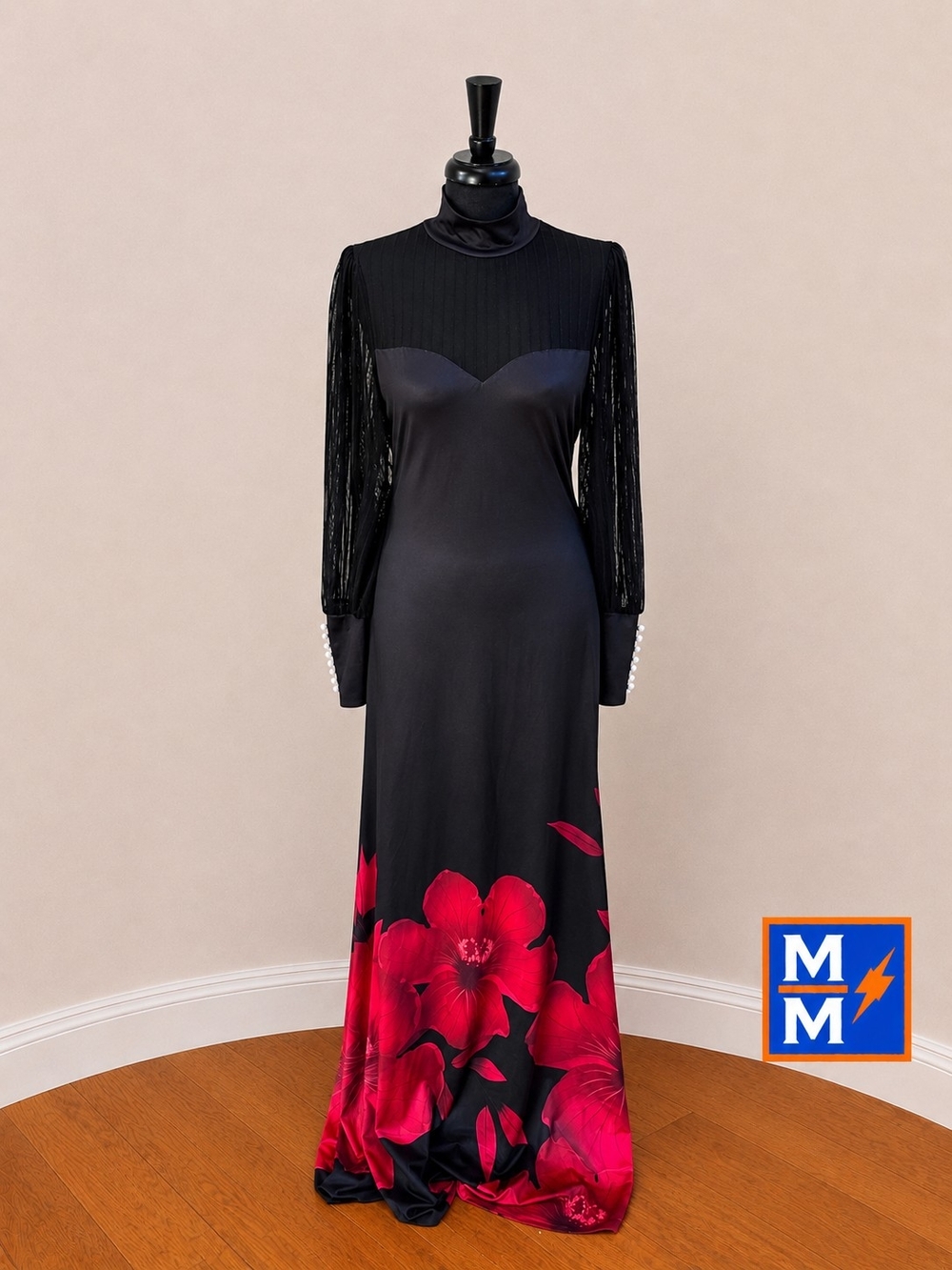 SHEIN Curve 0XL Black Red Floral Maxi Dress Sheer Sleeves Stretch